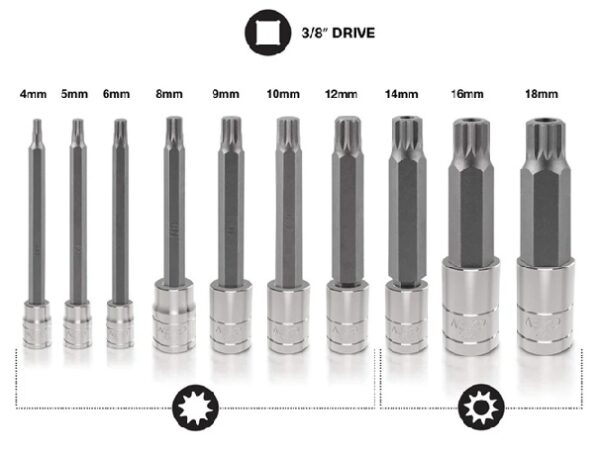 NEIKO 10pc Long XZN Triple Square Spline Bit Socket Set – M4-M18